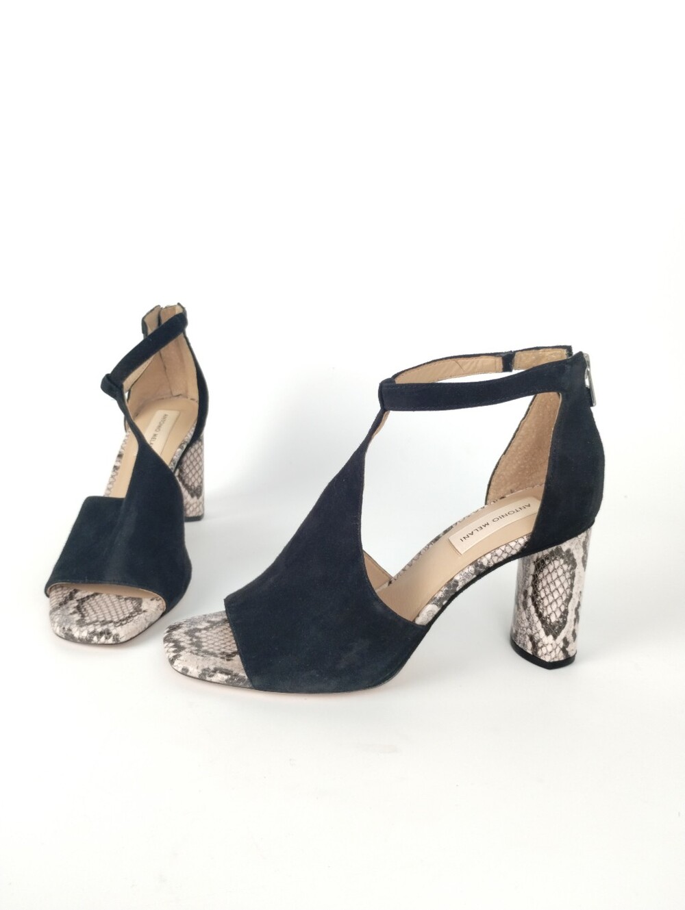Antonio Melani Hilloray Sandal Black Peep Toe Snake Print Block Heel Size 9.5
